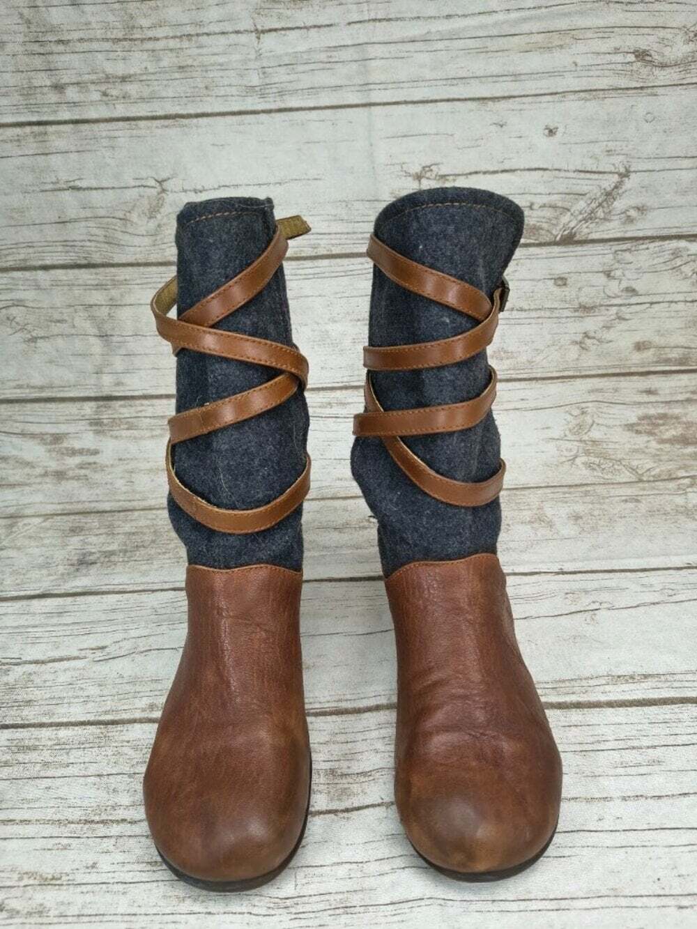 John Fluevog Reverie Brown Leather and Grey Felted Wool Boots Women Size 9.5